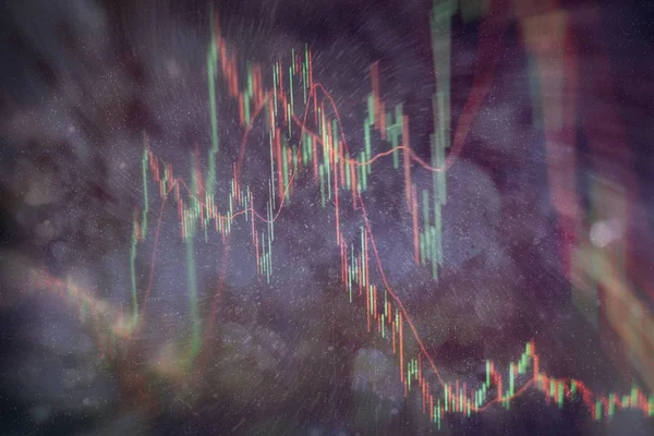 Technical price graph and indicator, red and green candlestick chart on blue theme screen, market volatility, up and down trend. Stock trading, crypto currency background.