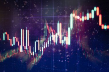 Teknik fiyat grafiği ve göstergesi, mavi ekranda kırmızı ve yeşil şamdan grafiği, piyasa dalgalanması, yükseliş ve düşüş eğilimi. Hisse senedi ticareti, kripto para birimi geçmişi.