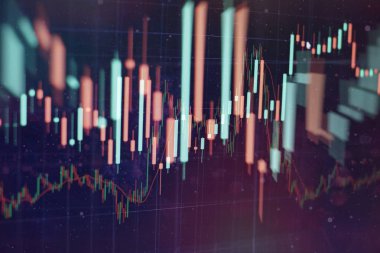 Teknik fiyat grafiği ve göstergesi, mavi ekranda kırmızı ve yeşil şamdan grafiği, piyasa dalgalanması, yükseliş ve düşüş eğilimi. Hisse senedi ticareti, kripto para birimi geçmişi.