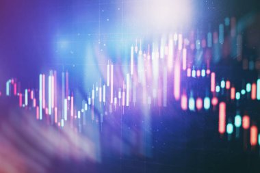 Teknik fiyat grafiği ve göstergesi, mavi ekranda kırmızı ve yeşil şamdan grafiği, piyasa dalgalanması, yükseliş ve düşüş eğilimi. Hisse senedi ticareti, kripto para birimi geçmişi.