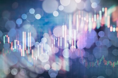 Teknik fiyat grafiği ve göstergesi, mavi ekranda kırmızı ve yeşil şamdan grafiği, piyasa dalgalanması, yükseliş ve düşüş eğilimi. Hisse senedi ticareti, kripto para birimi geçmişi.