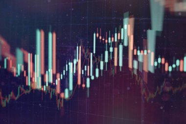 Teknik fiyat grafiği ve göstergesi, mavi ekranda kırmızı ve yeşil şamdan grafiği, piyasa dalgalanması, yükseliş ve düşüş eğilimi. Hisse senedi ticareti, kripto para birimi geçmişi.