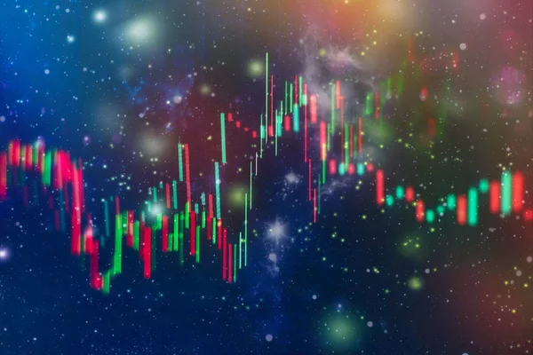 技術的な価格グラフと指標 青のテーマ画面上の赤と緑の燭台チャート 市場のボラティリティ 上下の傾向 株式取引 暗号通貨の背景 — ストック写真