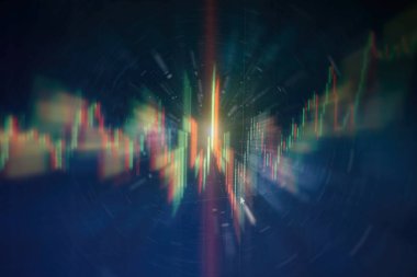 Teknik fiyat grafiği ve göstergesi, mavi ekranda kırmızı ve yeşil şamdan grafiği, piyasa dalgalanması, yükseliş ve düşüş eğilimi. Hisse senedi ticareti, kripto para birimi geçmişi.