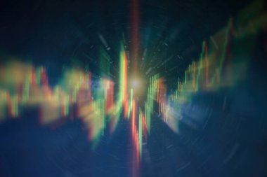 Teknik fiyat grafiği ve göstergesi, mavi ekranda kırmızı ve yeşil şamdan grafiği, piyasa dalgalanması, yükseliş ve düşüş eğilimi. Hisse senedi ticareti, kripto para birimi geçmişi.
