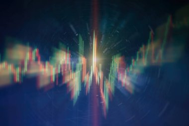 Teknik fiyat grafiği ve göstergesi, mavi ekranda kırmızı ve yeşil şamdan grafiği, piyasa dalgalanması, yükseliş ve düşüş eğilimi. Hisse senedi ticareti, kripto para birimi geçmişi.