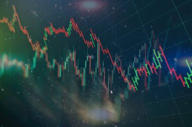 Teknik fiyat grafiği ve göstergesi, mavi ekranda kırmızı ve yeşil şamdan grafiği, piyasa dalgalanması, yükseliş ve düşüş eğilimi. Hisse senedi ticareti, kripto para birimi geçmişi.
