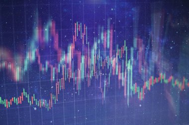 Teknik fiyat grafiği ve göstergesi, mavi ekranda kırmızı ve yeşil şamdan grafiği, piyasa dalgalanması, yükseliş ve düşüş eğilimi. Hisse senedi ticareti, kripto para birimi geçmişi.
