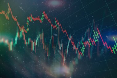 Teknik fiyat grafiği ve göstergesi, mavi ekranda kırmızı ve yeşil şamdan grafiği, piyasa dalgalanması, yükseliş ve düşüş eğilimi. Hisse senedi ticareti, kripto para birimi geçmişi.