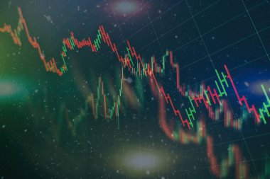 Teknik fiyat grafiği ve göstergesi, mavi ekranda kırmızı ve yeşil şamdan grafiği, piyasa dalgalanması, yükseliş ve düşüş eğilimi. Hisse senedi ticareti, kripto para birimi geçmişi.