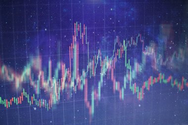 Teknik fiyat grafiği ve göstergesi, mavi ekranda kırmızı ve yeşil şamdan grafiği, piyasa dalgalanması, yükseliş ve düşüş eğilimi. Hisse senedi ticareti, kripto para birimi geçmişi.