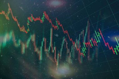 Teknik fiyat grafiği ve göstergesi, mavi ekranda kırmızı ve yeşil şamdan grafiği, piyasa dalgalanması, yükseliş ve düşüş eğilimi. Hisse senedi ticareti, kripto para birimi geçmişi.