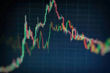 Teknik fiyat grafiği ve göstergesi, mavi ekranda kırmızı ve yeşil şamdan grafiği, piyasa dalgalanması, yükseliş ve düşüş eğilimi. Hisse senedi ticareti, kripto para birimi geçmişi.