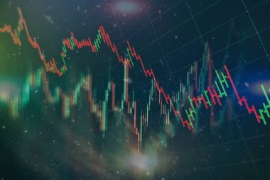Teknik fiyat grafiği ve göstergesi, mavi ekranda kırmızı ve yeşil şamdan grafiği, piyasa dalgalanması, yükseliş ve düşüş eğilimi. Hisse senedi ticareti, kripto para birimi geçmişi.