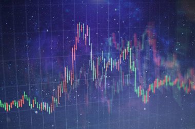 Teknik fiyat grafiği ve göstergesi, mavi ekranda kırmızı ve yeşil şamdan grafiği, piyasa dalgalanması, yükseliş ve düşüş eğilimi. Hisse senedi ticareti, kripto para birimi geçmişi.