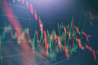 Teknik fiyat grafiği ve göstergesi, mavi ekranda kırmızı ve yeşil şamdan grafiği, piyasa dalgalanması, yükseliş ve düşüş eğilimi. Hisse senedi ticareti, kripto para birimi geçmişi.