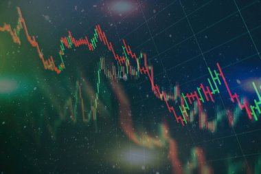 Teknik fiyat grafiği ve göstergesi, mavi ekranda kırmızı ve yeşil şamdan grafiği, piyasa dalgalanması, yükseliş ve düşüş eğilimi. Hisse senedi ticareti, kripto para birimi geçmişi.