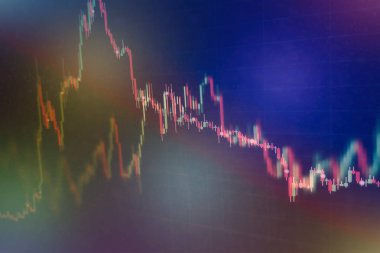 Teknik fiyat grafiği ve göstergesi, mavi ekranda kırmızı ve yeşil şamdan grafiği, piyasa dalgalanması, yükseliş ve düşüş eğilimi. Hisse senedi ticareti, kripto para birimi geçmişi.