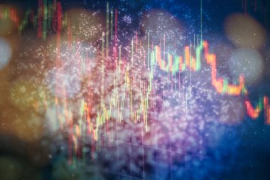 Teknik fiyat grafiği ve göstergesi, mavi ekranda kırmızı ve yeşil şamdan grafiği, piyasa dalgalanması, yükseliş ve düşüş eğilimi. Hisse senedi ticareti, kripto para birimi geçmişi.