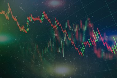 Teknik fiyat grafiği ve göstergesi, mavi ekranda kırmızı ve yeşil şamdan grafiği, piyasa dalgalanması, yükseliş ve düşüş eğilimi. Hisse senedi ticareti, kripto para birimi geçmişi.