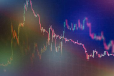 Teknik fiyat grafiği ve göstergesi, mavi ekranda kırmızı ve yeşil şamdan grafiği, piyasa dalgalanması, yükseliş ve düşüş eğilimi. Hisse senedi ticareti, kripto para birimi geçmişi.