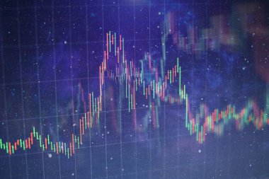 Teknik fiyat grafiği ve göstergesi, mavi ekranda kırmızı ve yeşil şamdan grafiği, piyasa dalgalanması, yükseliş ve düşüş eğilimi. Hisse senedi ticareti, kripto para birimi geçmişi.