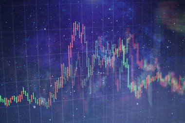 Teknik fiyat grafiği ve göstergesi, mavi ekranda kırmızı ve yeşil şamdan grafiği, piyasa dalgalanması, yükseliş ve düşüş eğilimi. Hisse senedi ticareti, kripto para birimi geçmişi.