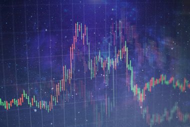 Teknik fiyat grafiği ve göstergesi, mavi ekranda kırmızı ve yeşil şamdan grafiği, piyasa dalgalanması, yükseliş ve düşüş eğilimi. Hisse senedi ticareti, kripto para birimi geçmişi.