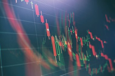 Teknik fiyat grafiği ve göstergesi, mavi ekranda kırmızı ve yeşil şamdan grafiği, piyasa dalgalanması, yükseliş ve düşüş eğilimi. Hisse senedi ticareti, kripto para birimi geçmişi.
