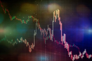 Teknik fiyat grafiği ve göstergesi, mavi ekranda kırmızı ve yeşil şamdan grafiği, piyasa dalgalanması, yükseliş ve düşüş eğilimi. Hisse senedi ticareti, kripto para birimi geçmişi.