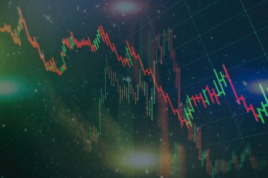 Teknik fiyat grafiği ve göstergesi, mavi ekranda kırmızı ve yeşil şamdan grafiği, piyasa dalgalanması, yükseliş ve düşüş eğilimi. Hisse senedi ticareti, kripto para birimi geçmişi.
