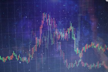 Teknik fiyat grafiği ve göstergesi, mavi ekranda kırmızı ve yeşil şamdan grafiği, piyasa dalgalanması, yükseliş ve düşüş eğilimi. Hisse senedi ticareti, kripto para birimi geçmişi.