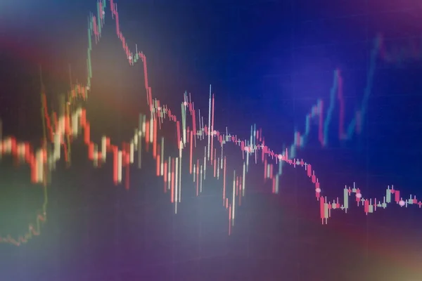 Gráfico e indicador de precio técnico, gráfico de candelabro rojo y verde en la pantalla del tema azul, volatilidad del mercado, tendencia alcista y descendente. Comercio de acciones, criptomoneda fondo. — Foto de Stock