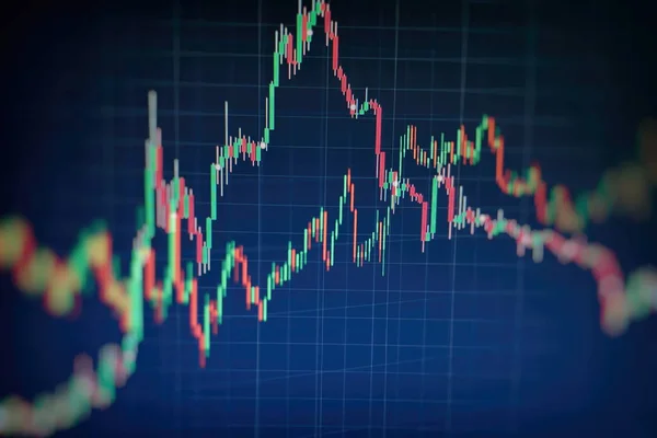 Gráfico e indicador de precio técnico, gráfico de candelabro rojo y verde en la pantalla del tema azul, volatilidad del mercado, tendencia alcista y descendente. Comercio de acciones, criptomoneda fondo. — Foto de Stock