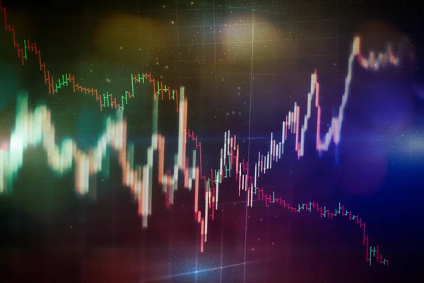 Teknisk priskurva och indikator, röd och grön ljusstake diagram på blå tema skärm, volatilitet på marknaden, upp och ner trend. Aktiehandel, crypto valuta bakgrund. — Stockfoto