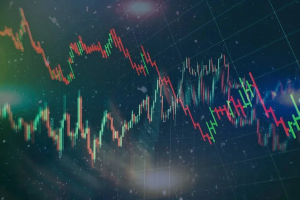 Technical price graph and indicator, red and green candlestick chart on blue theme screen, market volatility, up and down trend. Stock trading, crypto currency background.