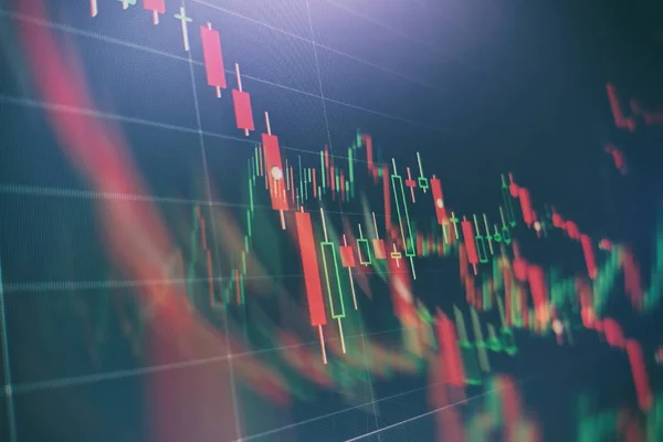 Gráfico e indicador de precio técnico, gráfico de candelabro rojo y verde en la pantalla del tema azul, volatilidad del mercado, tendencia alcista y descendente. Comercio de acciones, criptomoneda fondo. — Foto de Stock