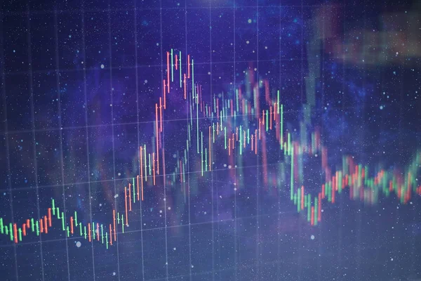 Technical price graph and indicator, red and green candlestick chart on blue theme screen, market volatility, up and down trend. Stock trading, crypto currency background.