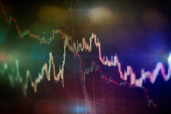 Technical price graph and indicator, red and green candlestick chart on blue theme screen, market volatility, up and down trend. Stock trading, crypto currency background.