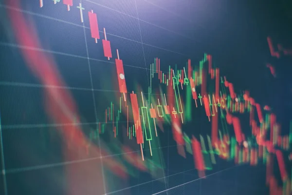 Gráfico de preço técnico e indicador, gráfico de castiçal vermelho e verde na tela de tema azul, volatilidade do mercado, tendência para cima e para baixo. negociação de ações, fundo criptomoeda. — Fotografia de Stock