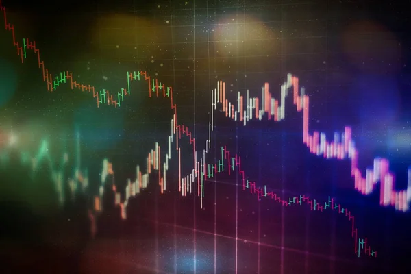 Gráfico e indicador de precio técnico, gráfico de candelabro rojo y verde en la pantalla del tema azul, volatilidad del mercado, tendencia alcista y descendente. Comercio de acciones, criptomoneda fondo. —  Fotos de Stock