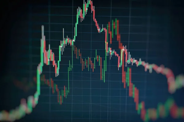 技术价格图表和指标，蓝色主题屏幕上的红色和绿色烛台图表，市场波动性，升降趋势。证券交易、加密货币背景. — 图库照片