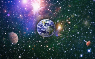 Dünya uzaydan kolaj. Dünya ve galaksilerin uzayda. Bilim kurgu sanat. Galaksideki dünya gezegen bilim tasarım fantezi için kullanın