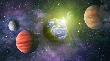 Dünya uzaydan kolaj. Dünya ve galaksilerin uzayda. Bilim kurgu sanat. Galaksideki dünya gezegen bilim tasarım fantezi için kullanın