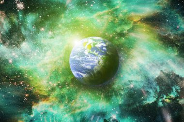 Dünya uzaydan kolaj. Dünya ve galaksilerin uzayda. Bilim kurgu sanat. Galaksideki dünya gezegen bilim tasarım fantezi için kullanın