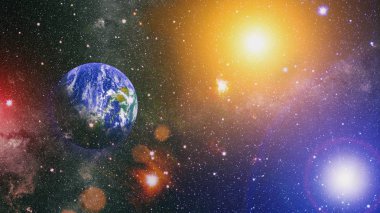 Dünya uzaydan kolaj. Dünya ve galaksilerin uzayda. Bilim kurgu sanat. Galaksideki dünya gezegen bilim tasarım fantezi için kullanın