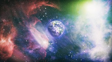 Dünya uzaydan kolaj. Dünya ve galaksilerin uzayda. Bilim kurgu sanat. Galaksideki dünya gezegen bilim tasarım fantezi için kullanın