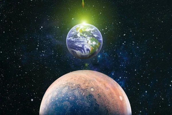 Jupiter och jorden i rymden collage. Jorden och galaxer i rymden. Science fiction konst. Jorden planeten i galaxen använda för vetenskap design fantasy — Stockfoto