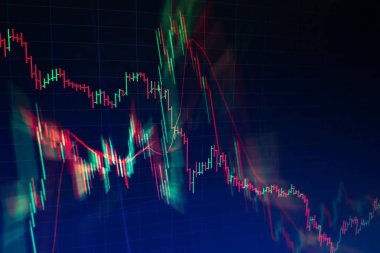 Teknik fiyat grafiği ve göstergesi, mavi ekranda kırmızı ve yeşil şamdan grafiği, piyasa dalgalanması, yükseliş ve düşüş eğilimi. Hisse senedi ticareti, kripto para birimi geçmişi.