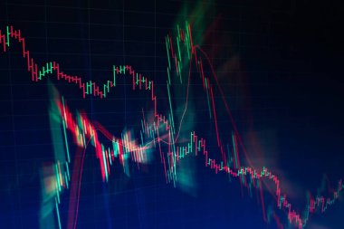 Teknik fiyat grafiği ve göstergesi, mavi ekranda kırmızı ve yeşil şamdan grafiği, piyasa dalgalanması, yükseliş ve düşüş eğilimi. Hisse senedi ticareti, kripto para birimi geçmişi.